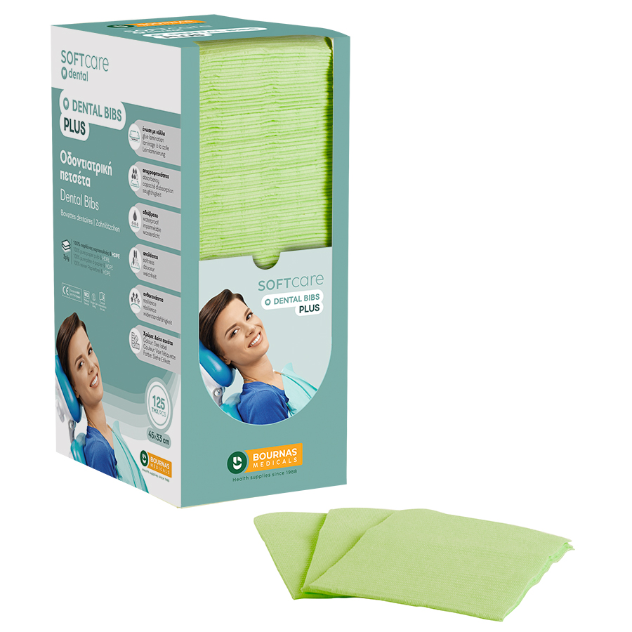 Dental Bibs Soft Care Plus 3ply with dispenser green ( 125 pcs)