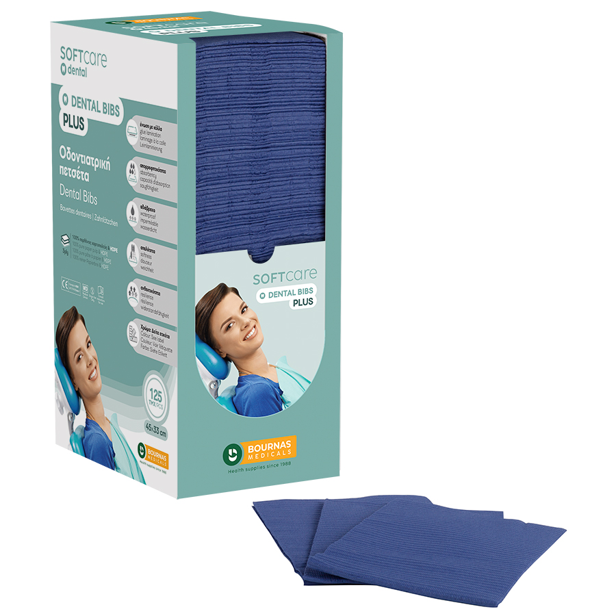 Dental Bibs Soft Care Plus 3ply with dispenser blue (125 pcs)