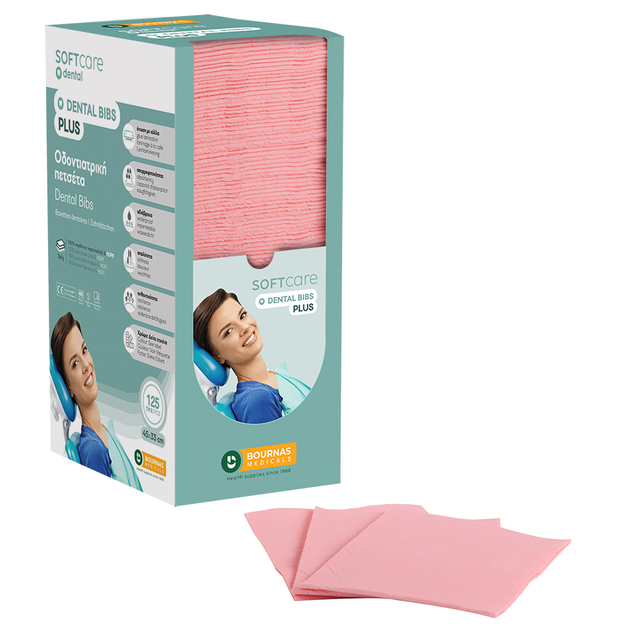 Dental Bibs Soft Care Plus 3ply with dispenser pink ( 125 pcs)