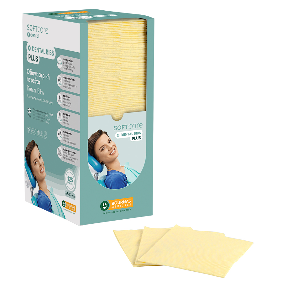 Dental Bibs Soft Care Plus 3ply with dispenser yellow (125 pcs)