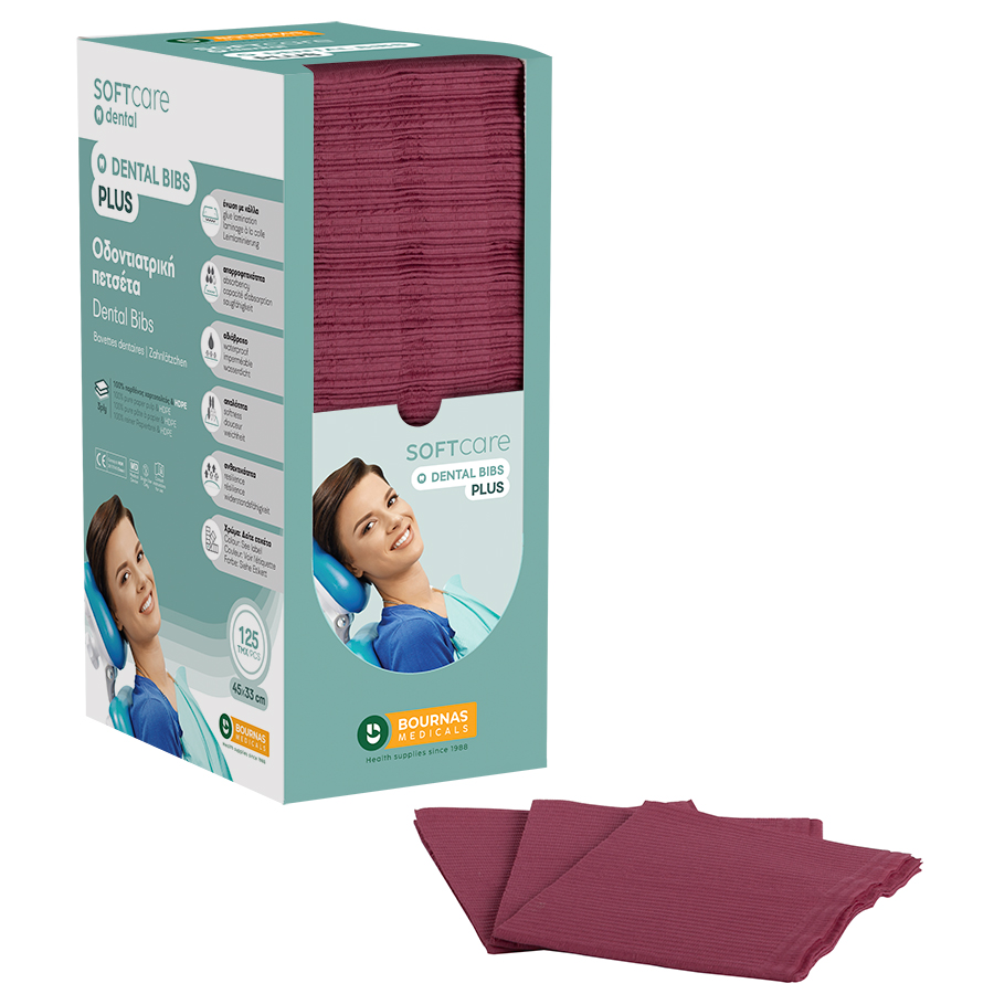 Dental Bibs Soft Care Plus 3ply with dispenser bordeaux ( 125 pcs)