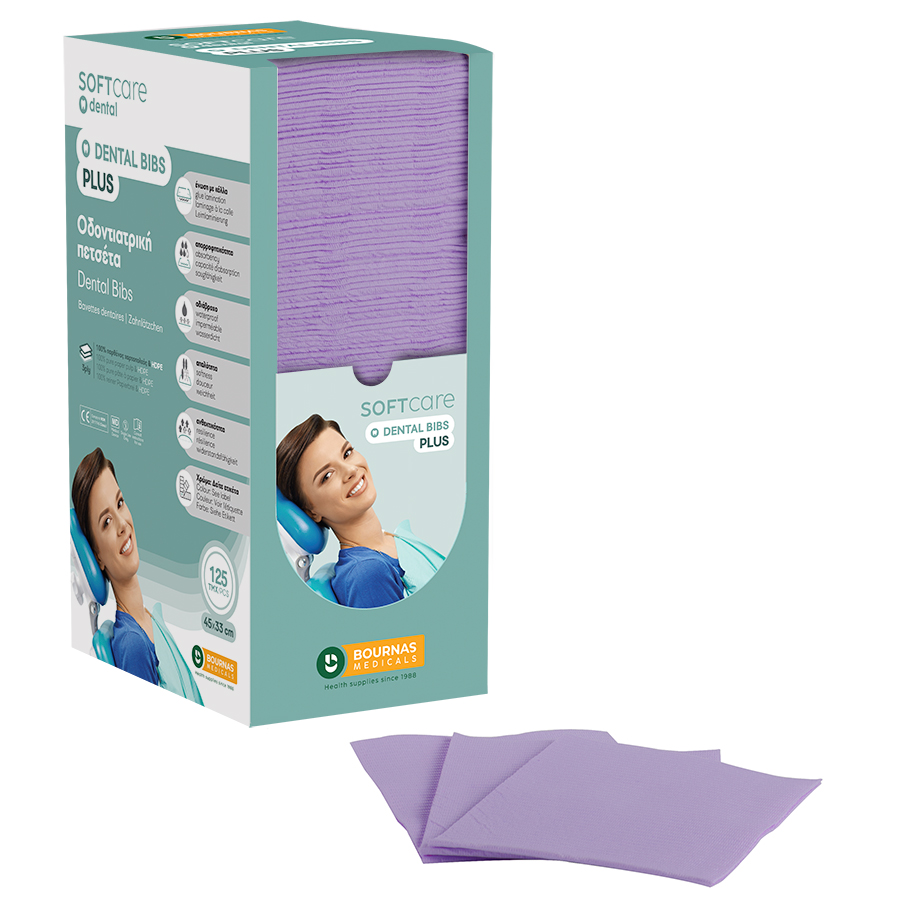 Dental Bibs Soft Care Plus 3ply with dispenser purple ( 125 pcs)
