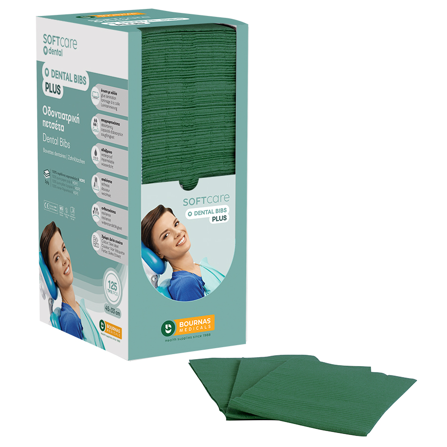 Dental Bibs Soft Care Plus 3ply with dispenser dark green ( 125 pcs)