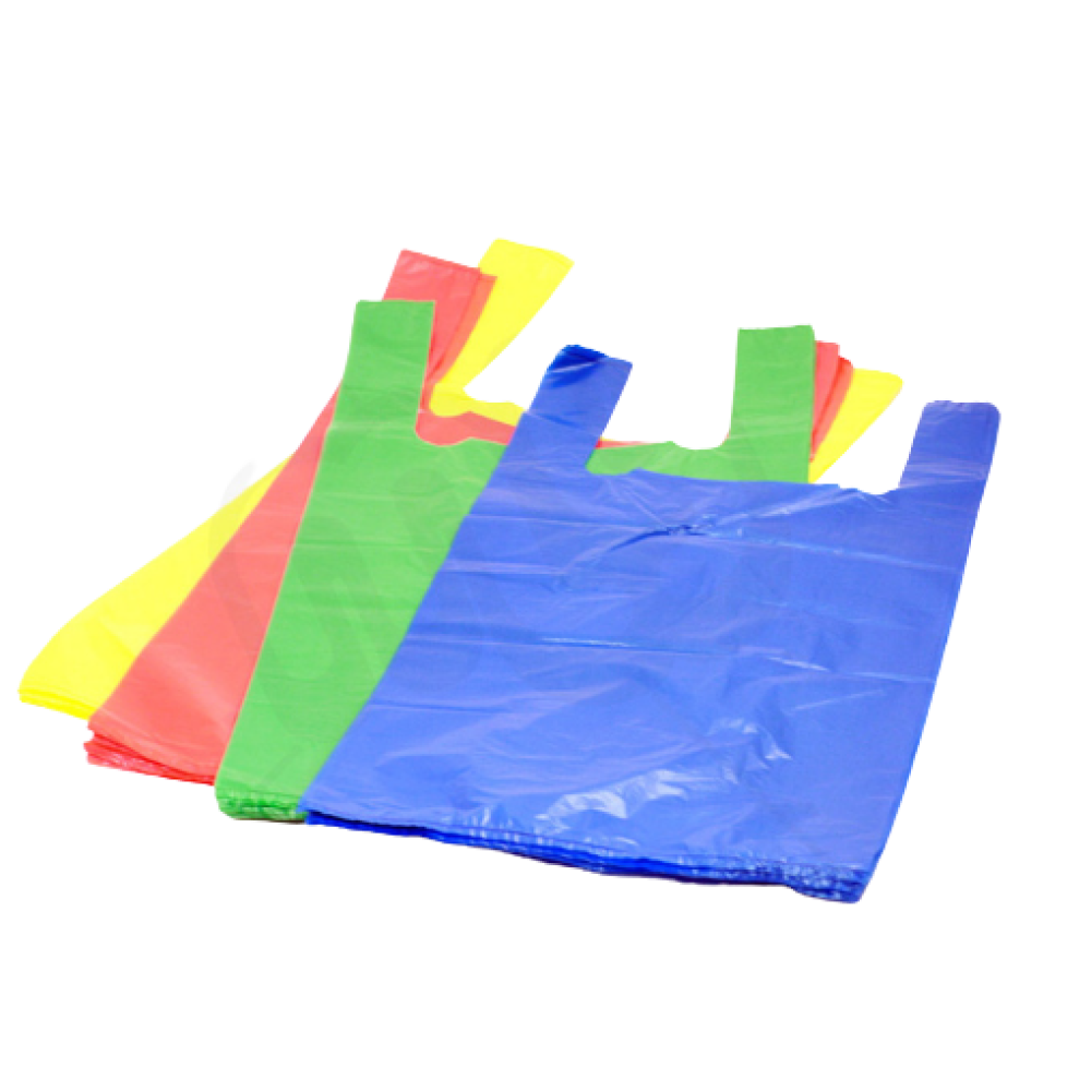 Bags 350+160x640 mm with handles 25 microns, multi-colored HDPE, 100 pcs./pack.